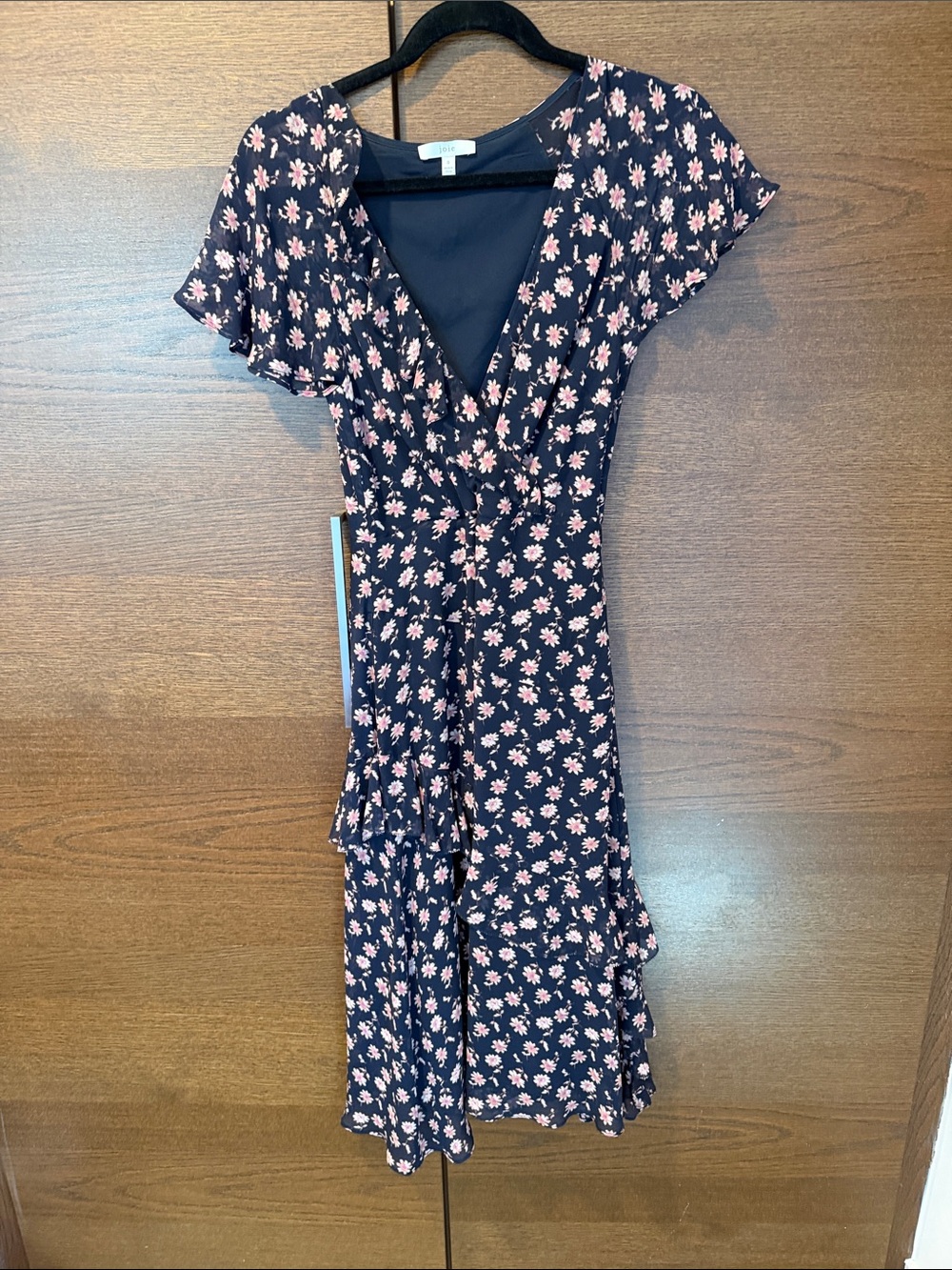 Floral Wrap Midi Dress - Navy with Pink Flowers